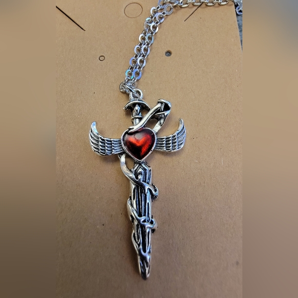 Antique Silver Red Heart Sword Necklace - Picture 2 of 5